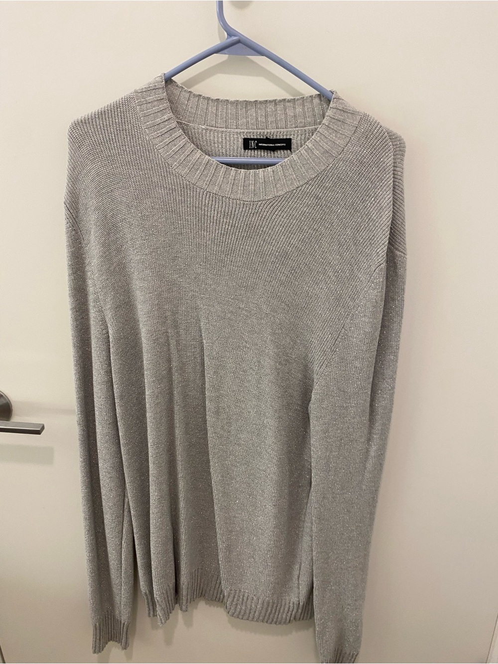 INC International Concepts Shimmering Metallic Silver Ribbed Crewneck Sweater